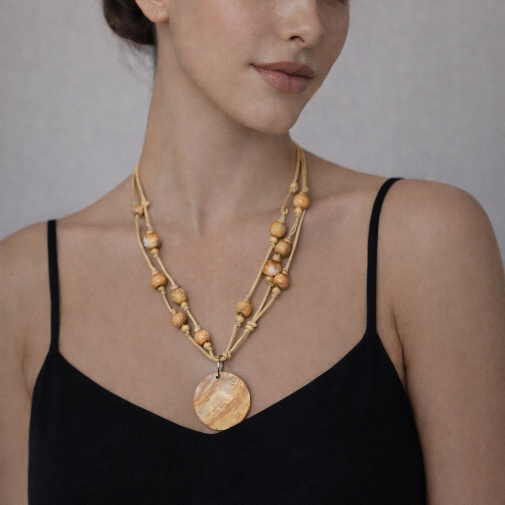 Earth-Tone Beaded Necklace with Mother-of-Pearl Pendant